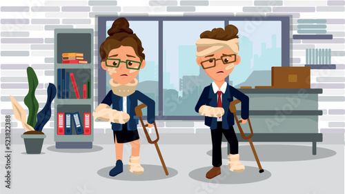 Two unfortunate office workers who had a work accident. Occupational health and safety concept. Injured young employees and sad facial expressions. Setback situation in office. work accident concept.