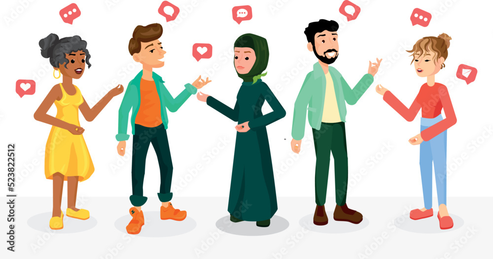 Vector illustration of a multinational group of people having a dialogue with each other. They have different cultures and different communication. Racial diversity concept. Vector illustration of a multinational group of people having a dialogue with each other. They have different cultures and different communication. Racial diversity concept.