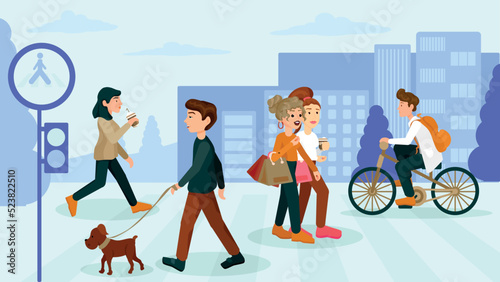 Crowded groups of people along a crowded street. Different lifestyles and scenery of vibrant life in the city. Concepts of activity in crowds and different tastes. Crowded scene bustling with people.