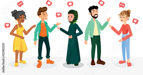 Vector illustration of a multinational group of people having a dialogue with each other. They have different cultures and different communication. Racial diversity concept.