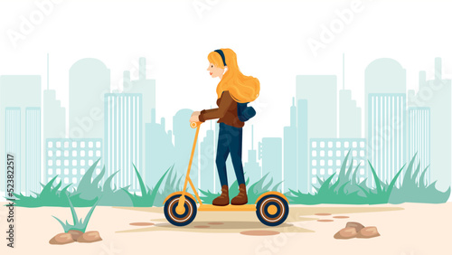Vector illustration of girl riding her electric scooter. City life and new technology. photo