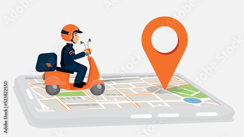 A motor courier on his way through the city to deliver his order. Fast delivery courier to the given location. Product delivery application and new technology concepts.