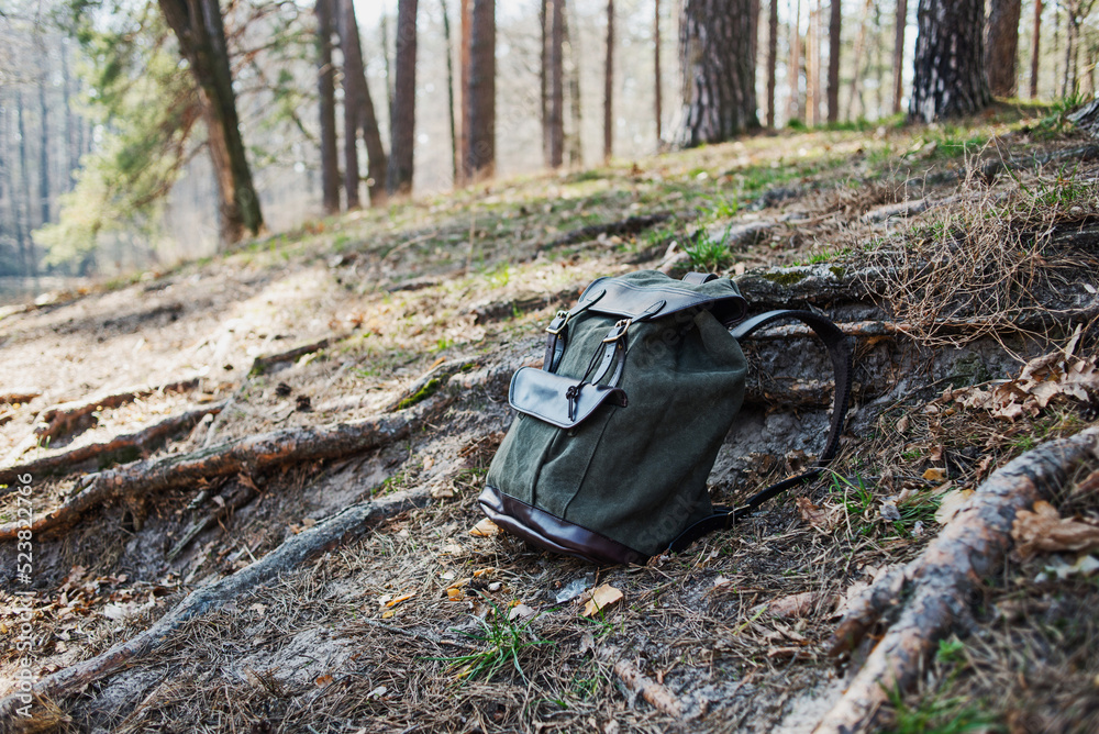 Comfortable roomy backpack lies on the slope in the forest. Backpack for things. Backpack for long walks made of thick fabric and leather