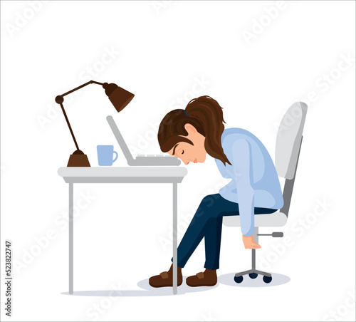 A young woman who is tired of working overtime in his office. Business life and a busy worker concepts.Burnout concept vector background. 