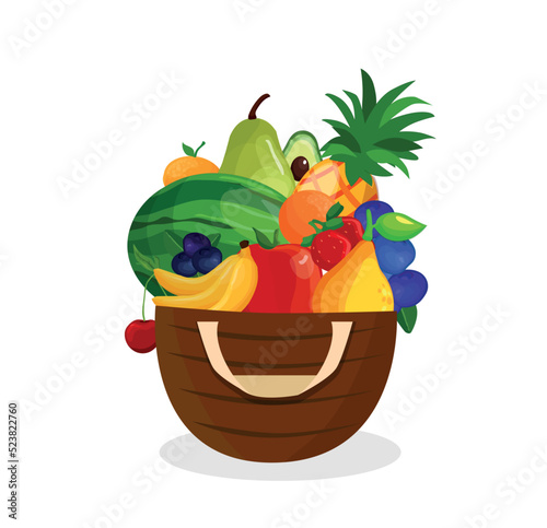 Image of a huge basket full of summer fruits and healthy and juicy fruits. Healthy and vegan life concepts include variable summer fruits. Fruit basket and esthetic image.