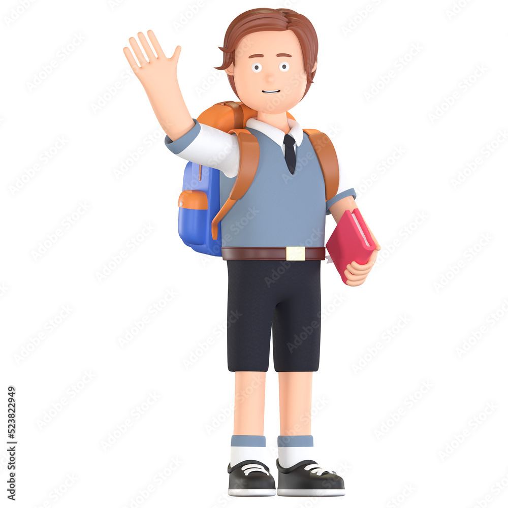 boy school student holding book and waving hand 3D cartoon illustration boy school student holding book and waving hand 3D cartoon illustration
