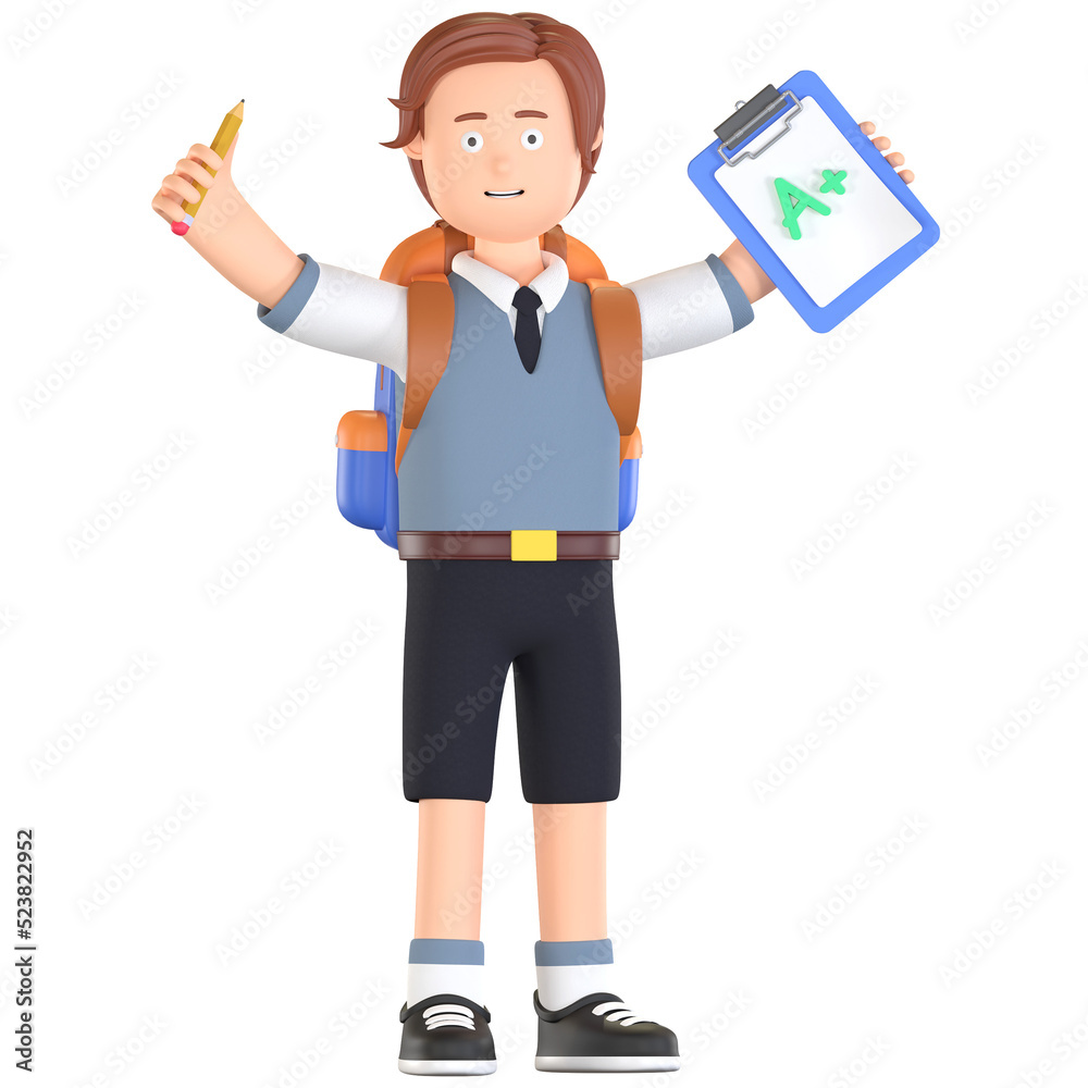 boy school student happy with exam test result 3D cartoon illustration boy school student happy with exam test result 3D cartoon illustration