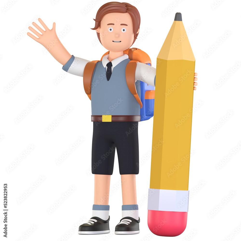 boy school student holding pencil and waving hand 3D cartoon illustration boy school student holding pencil and waving hand 3D cartoon illustration