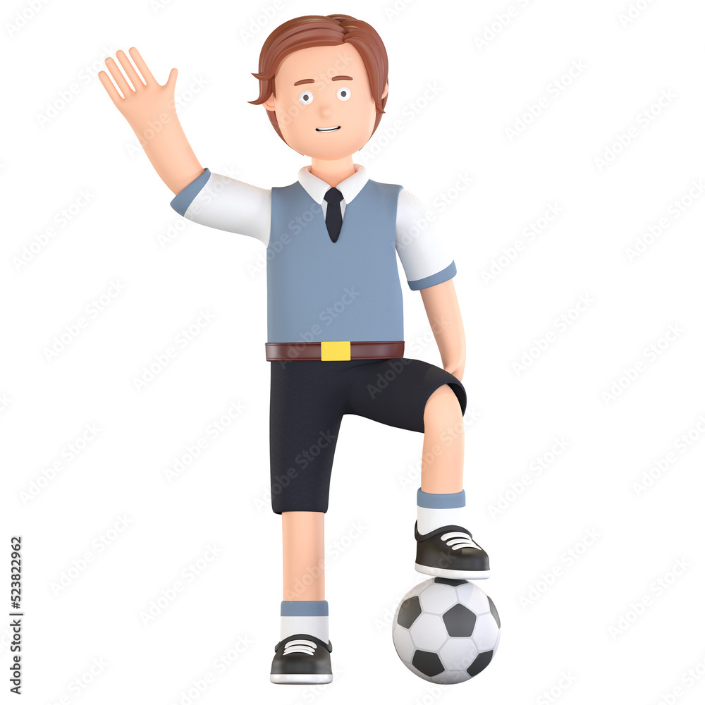 boy school student playing soccer ball 3D cartoon illustration
