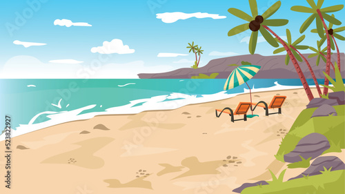 Fototapeta Naklejka Na Ścianę i Meble -  Vector illustration of beach of a resort in summer. Summer season, holiday plans and holiday destinations. Tropical beach background.