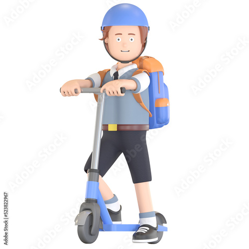 boy school student riding scooter go to school 3D cartoon illustration © nawaitgraph