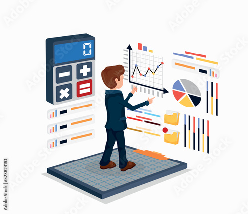 Vector illustration of a financial professional dealing with stock market ups and downs. Reading graphs, managing plans, savings concepts. Data analysis mobile application.