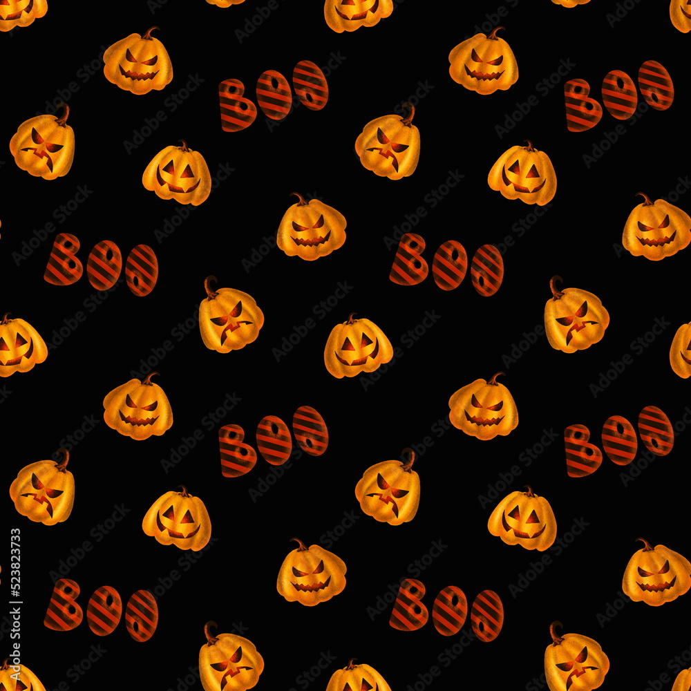 Seamless pattern for textiles and packaging. Pumpkin lanterns on black background, Halloween. 