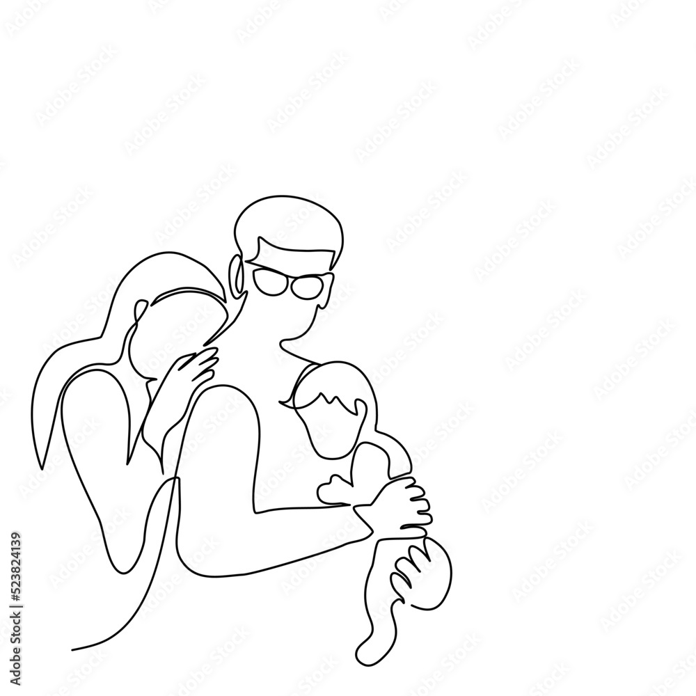Long hair mum hugging her husband who wearing glasses and holding baby in his hand in single line drawing style.Vector isolate flat continue line design  of happy family’s day or parents careful child