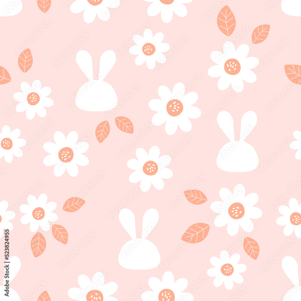 Seamless pattern with rabbit head, daisy flower and leaf  on pink background vector.