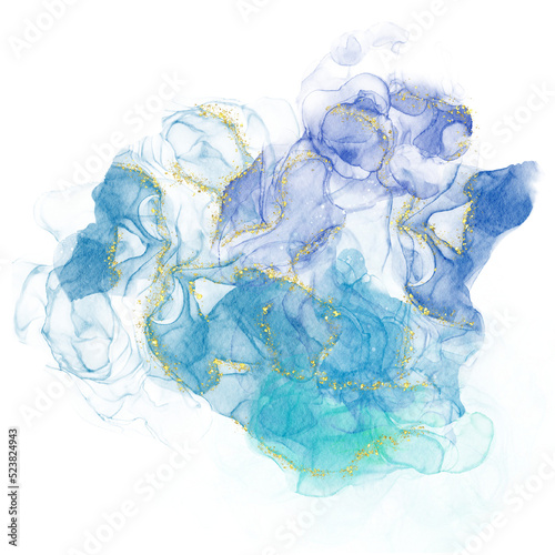 Blue Green Alcohol Ink Watercolor With Gold Glitter Background Circle
