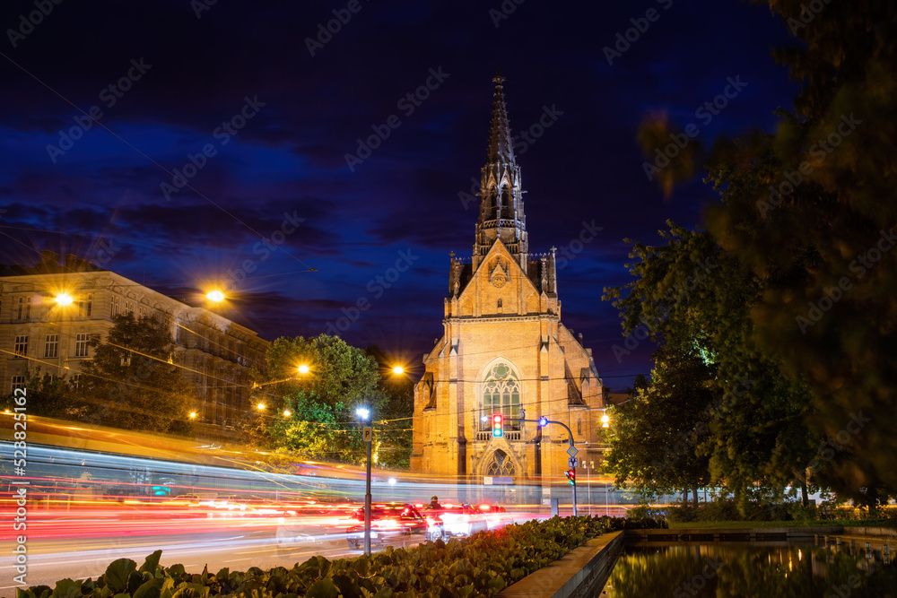 Brno view of the red church at night. Night photo of the old historical city of Brno at night.