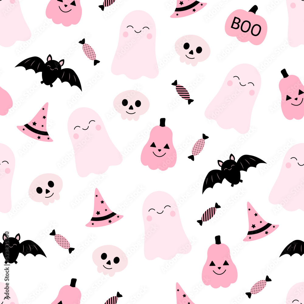 Seamless pattern cute pink ghosts pumpkin Halloween vector illustration ...