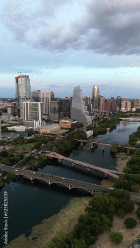Vertical Aerial Video of Austin Texas skyline, Native vertical video of Austin Texas, establishing push shot photo