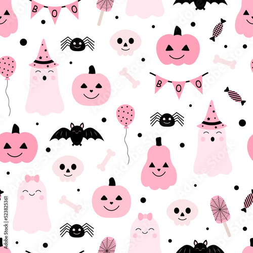Seamless pattern cute pink ghosts pumpkin Halloween vector illustration
