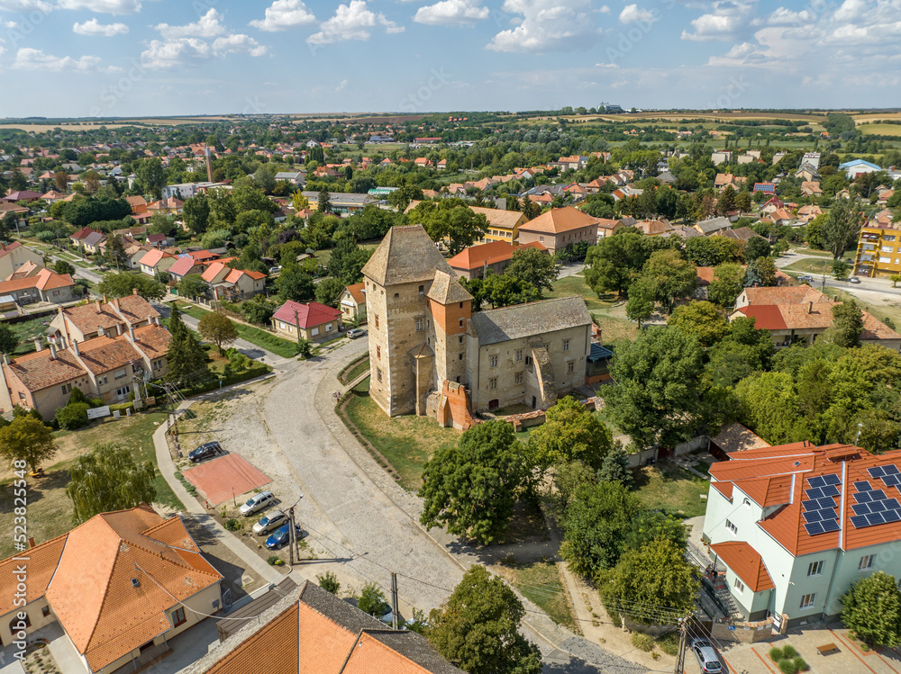 Hungary - Aerial view of Simontornya castle in Tolna county, gothic palace, courtyard, brick curtain wall and traces of moat
