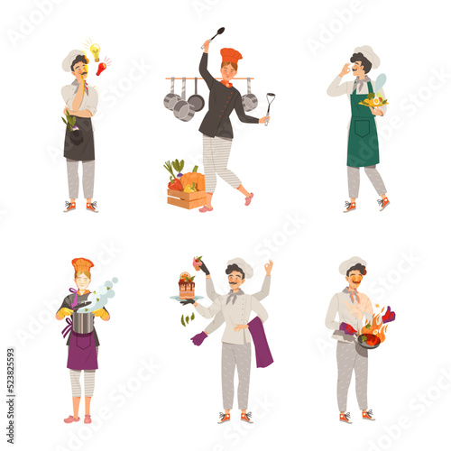 Young Man and Woman Chef Master in Toque Preparing and Cooking Food Vector Set
