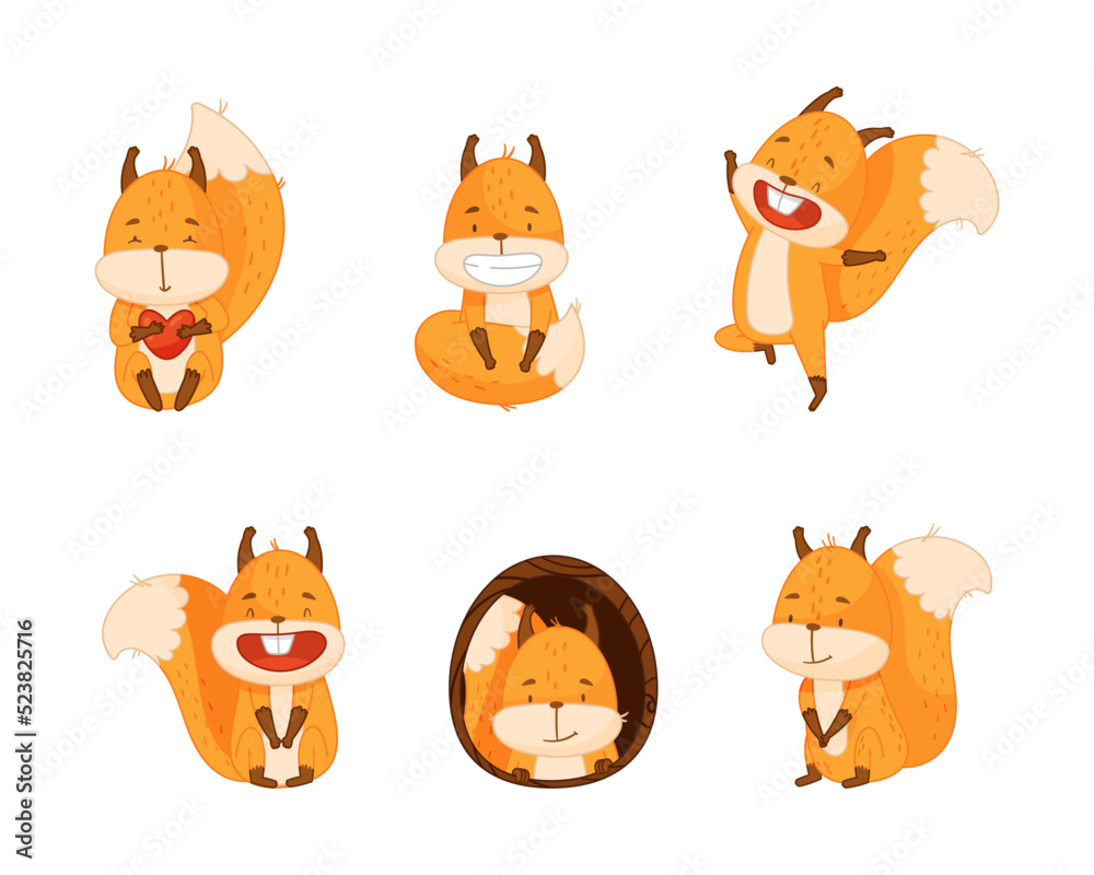 Fototapeta premium Funny Orange Squirrel Character with Bushy Tail Engaged in Different Activity Vector Set