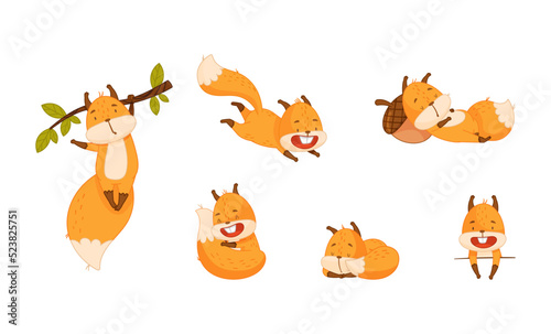 Funny Orange Squirrel Character with Bushy Tail Engaged in Different Activity Vector Set