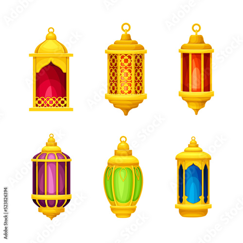 Bright Arabic Lantern with Golden Ornamental Frame and Hoop for Hanging on Top Vector Set