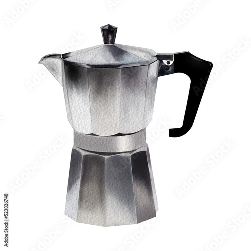 moka coffee pot isolated illustration watercolor art, hot espresso making silver retro machine in kitchen, coffee cup making process for fresh morning energy hand-drawn concept