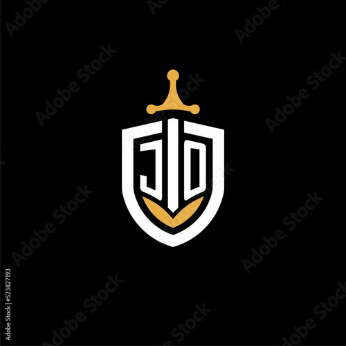 Creative letter JO logo gaming esport with shield and sword design ideas