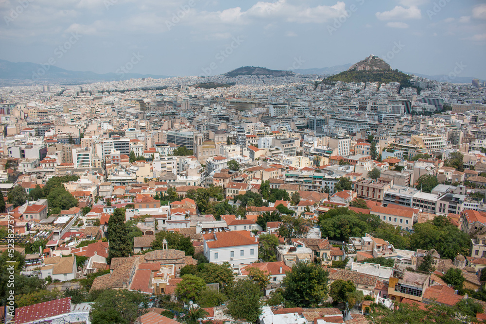 Panoramic view of the city of Athens and Mount Lycabettus, Greece. 