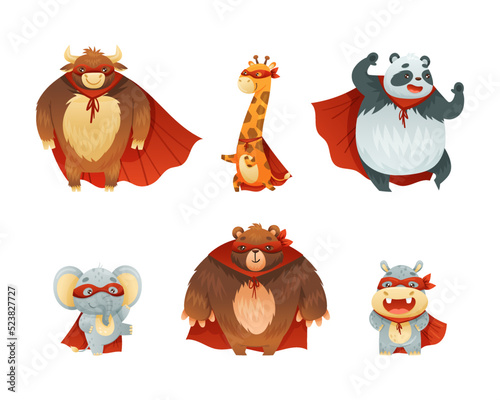 Animal Character Superhero Dressed in Mask and Red Cape or Cloak Ready to Rescue Vector Set