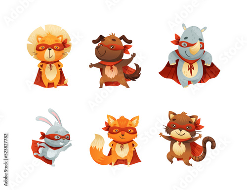 Animal Character Superhero Dressed in Mask and Red Cape or Cloak Ready to Rescue Vector Set
