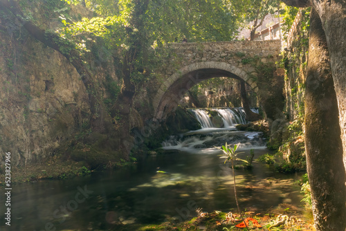 Bridge with the waterfalls at Kria in Livadeia in Greece. 