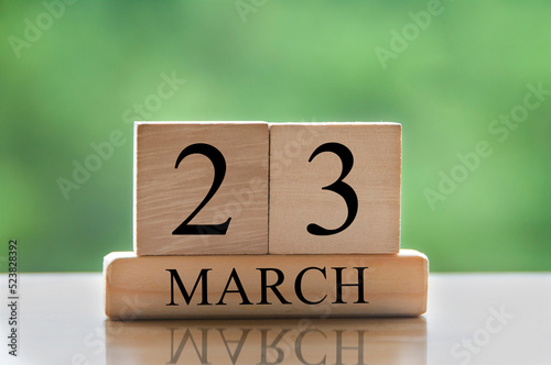 March 23 calendar date text on wooden blocks with blurred park background. Copy space and calendar concept photo