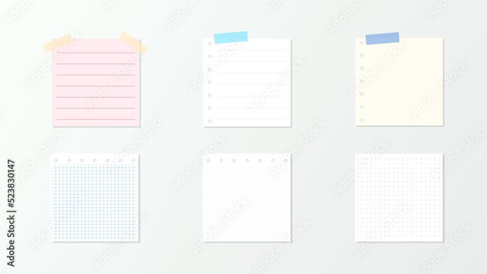 Set of different sticky notes with colored masking tape isolated on  background , illustration Vector EPS 10