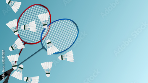 Badminton racket with white badminton shuttlecock on blue  background badminton court indoor badminton sports wallpaper with copy space  ,  illustration Vector EPS 10