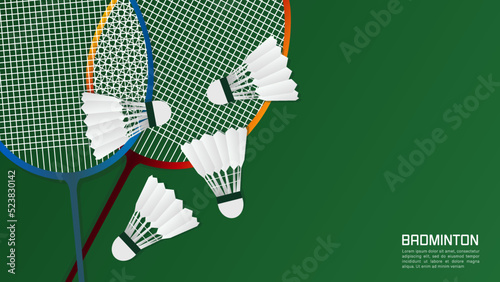 Badminton racket with white badminton shuttlecock on white line on green background badminton court indoor badminton sports wallpaper with copy space  ,  illustration Vector EPS 10 photo