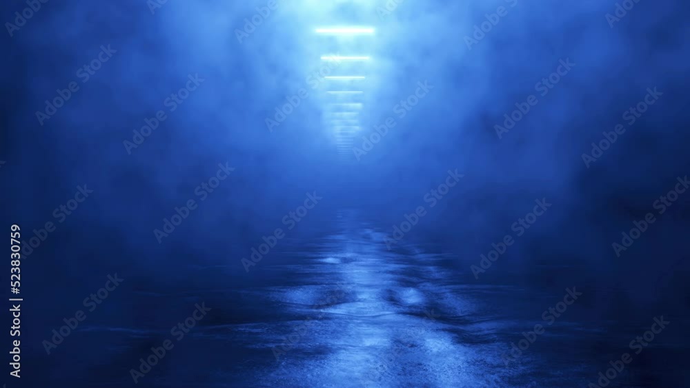 Futuristic endless flight over a moving surface in smoke illuminated by blue light, Sci-Fi design, cosmic tomorrow aesthetic style, abstract cyberspace background, 4k looping video, 3d render