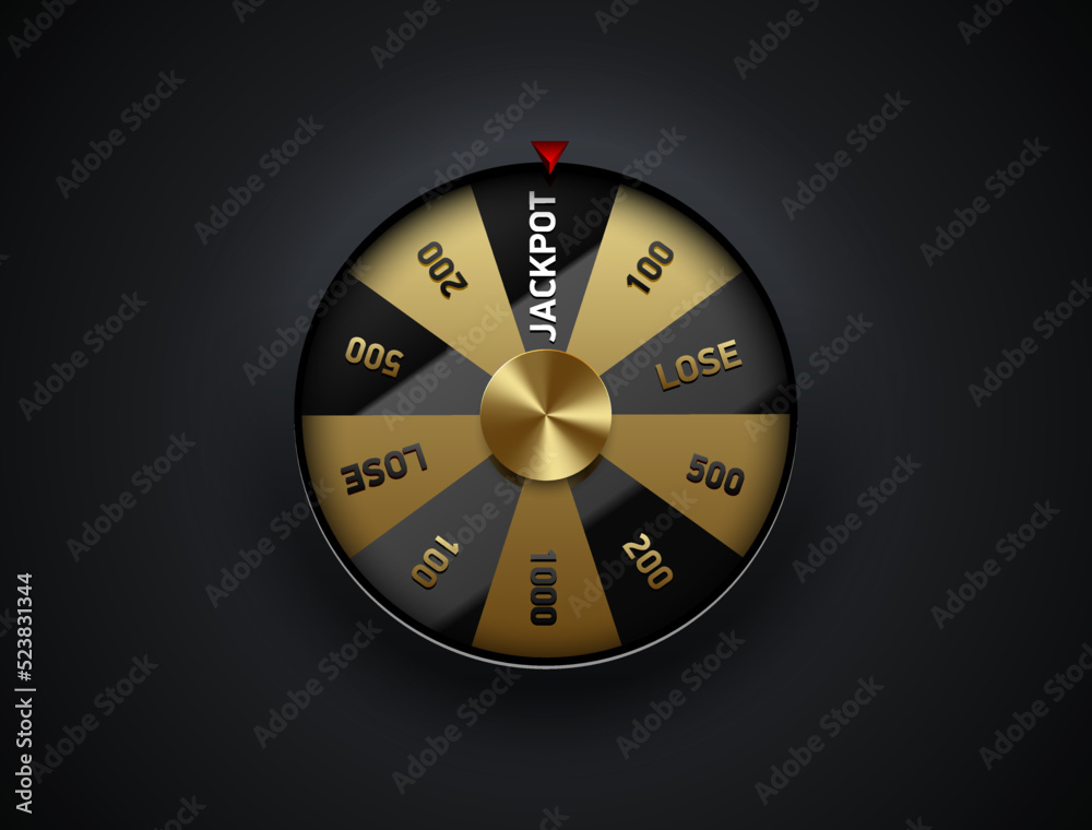 Luxury fortune wheel spin mashine. Cut frame, isolated on black background. Casino banner design element or icon. Golden and glossy black sector - obrazy, fototapety, plakaty 