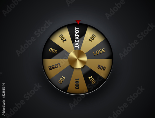 Luxury fortune wheel spin mashine. Cut frame, isolated on black background. Casino banner design element or icon. Golden and glossy black sector