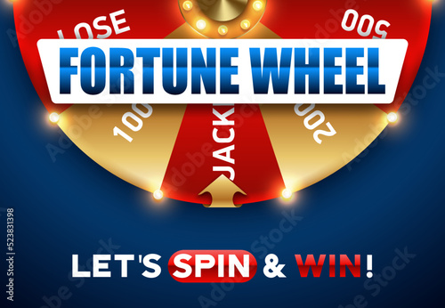 Fortune wheel bright spin banner. Vector leisure games poster. Red gold fortune wheel on blue banner. Lets spin and win text