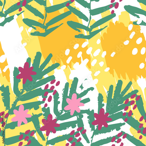 Hand brush strokes drawing in  abstract design.  Elements in pastel colors. Flora and leaves pattern.