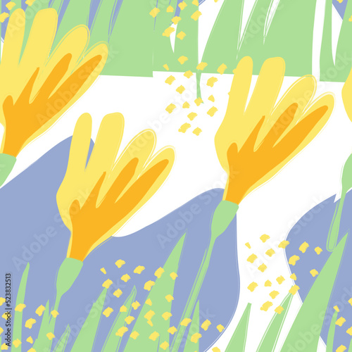 Hand brush strokes drawing in  abstract design.  Elements in pastel colors. Flora and leaves pattern.