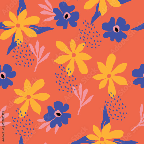 Flowers set on orange background. Hand draw abstract design elements in pastel colors. Minimal stylish cover template. Art form for social media stories, branding, banner. Vector illustration.