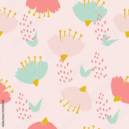 Flowers set on pink background. Hand draw abstract design elements in pastel colors. Minimal stylish cover template. Art form for social media stories, branding, banner. Vector illustration.
