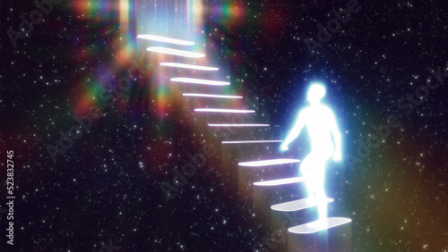 Fotografie 3d render of a glowing man climbing the steps in the astral space