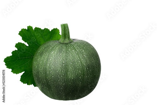Green zucchini round shape or courgette with leaf on white isolated background with copy space