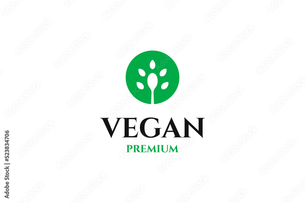 Flat logo for vegan with spoon and leaf design illustration idea